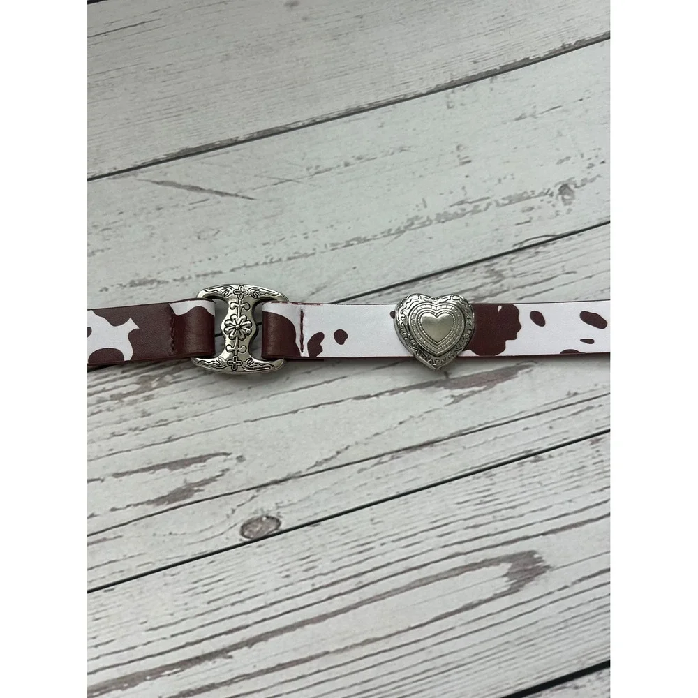 XOXO Womens Cow‎ Print Belt Brown White Heart Charms Western Silver Hardware M/L